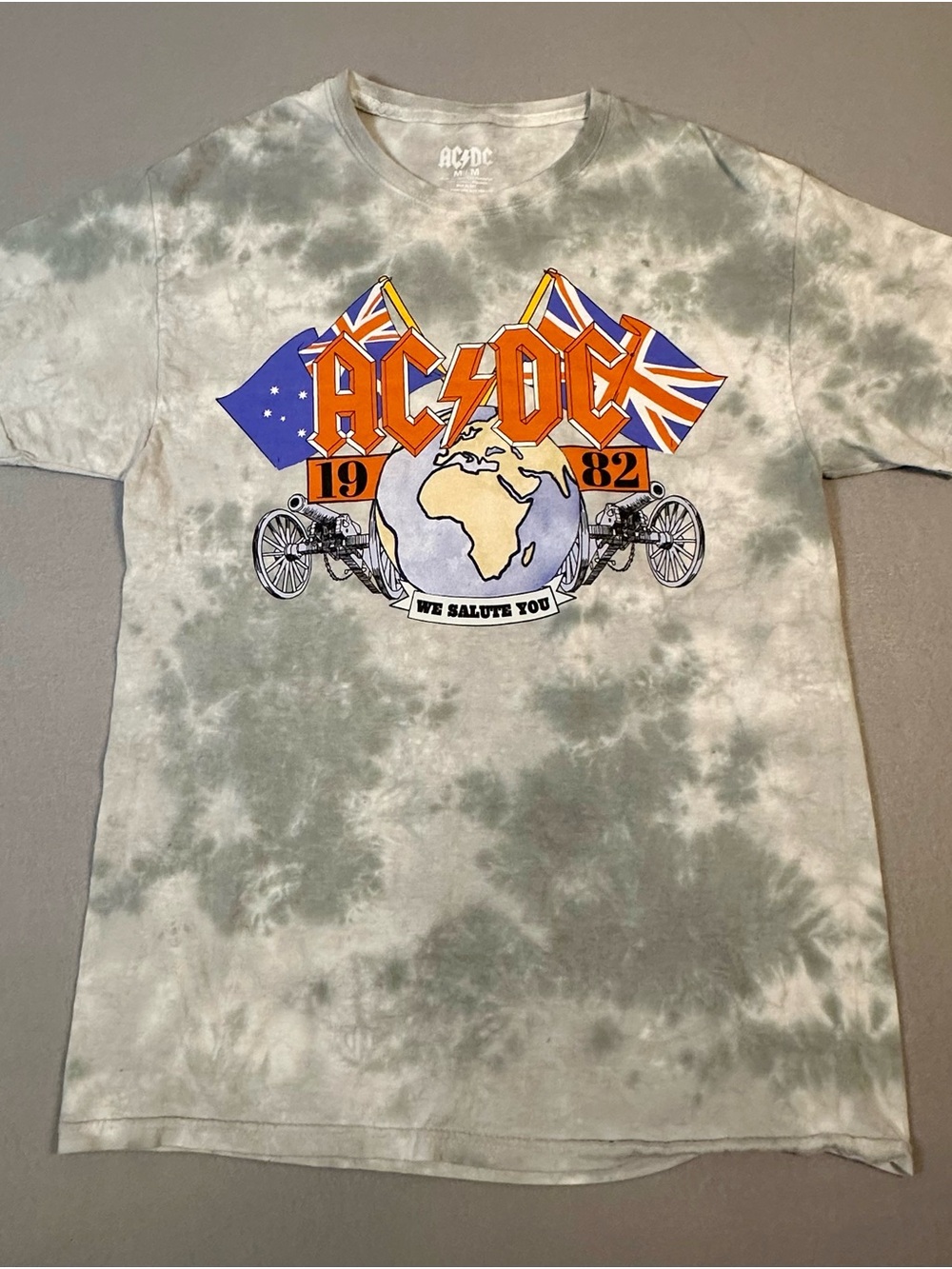 AC/DC Green & White Tie-Dye Graphic Tee with Orange Logo, Medium
